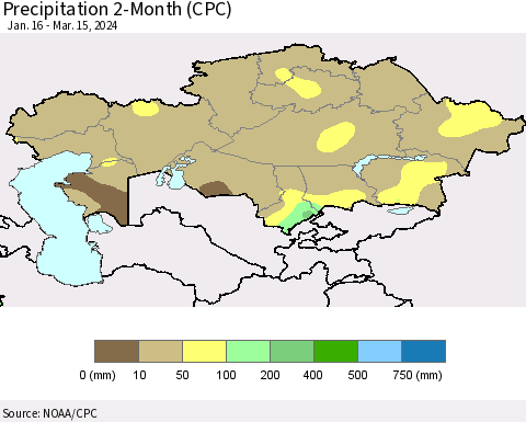 Kazakhstan Precipitation 2-Month (CPC) Thematic Map For 1/16/2024 - 3/15/2024
