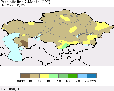 Kazakhstan Precipitation 2-Month (CPC) Thematic Map For 1/21/2024 - 3/20/2024