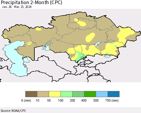 Kazakhstan Precipitation 2-Month (CPC) Thematic Map For 1/26/2024 - 3/25/2024