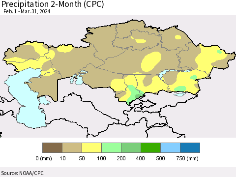 Kazakhstan Precipitation 2-Month (CPC) Thematic Map For 2/1/2024 - 3/31/2024