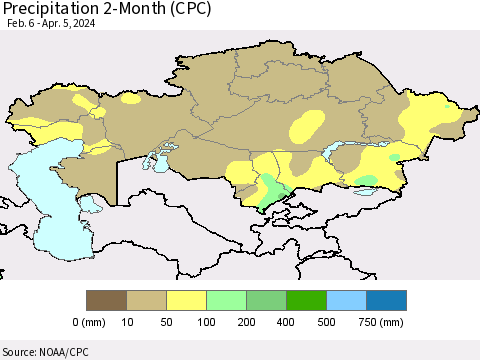 Kazakhstan Precipitation 2-Month (CPC) Thematic Map For 2/6/2024 - 4/5/2024