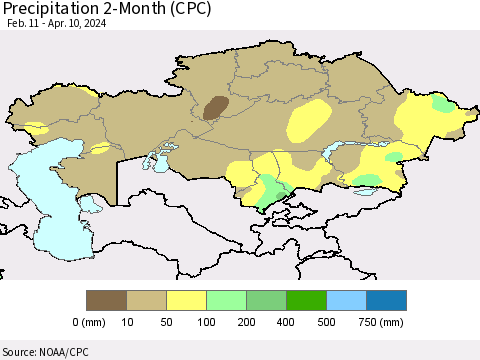 Kazakhstan Precipitation 2-Month (CPC) Thematic Map For 2/11/2024 - 4/10/2024