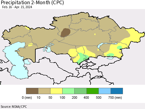 Kazakhstan Precipitation 2-Month (CPC) Thematic Map For 2/16/2024 - 4/15/2024
