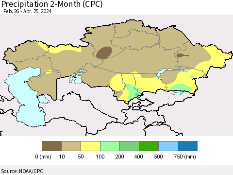 Kazakhstan Precipitation 2-Month (CPC) Thematic Map For 2/26/2024 - 4/25/2024