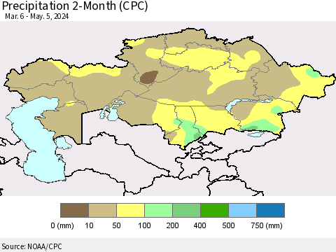 Kazakhstan Precipitation 2-Month (CPC) Thematic Map For 3/6/2024 - 5/5/2024