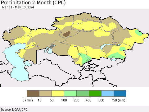 Kazakhstan Precipitation 2-Month (CPC) Thematic Map For 3/11/2024 - 5/10/2024