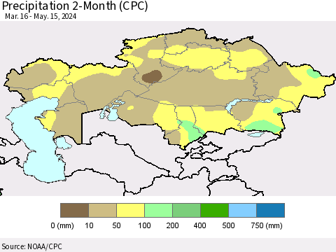 Kazakhstan Precipitation 2-Month (CPC) Thematic Map For 3/16/2024 - 5/15/2024