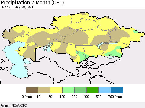 Kazakhstan Precipitation 2-Month (CPC) Thematic Map For 3/21/2024 - 5/20/2024