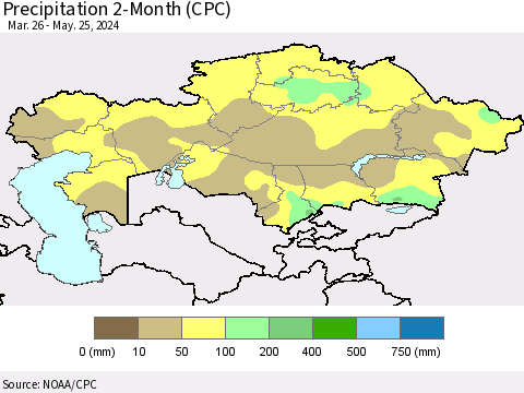 Kazakhstan Precipitation 2-Month (CPC) Thematic Map For 3/26/2024 - 5/25/2024