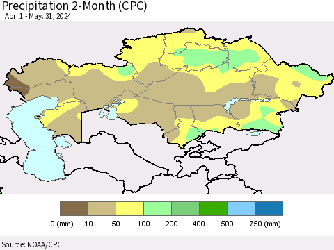 Kazakhstan Precipitation 2-Month (CPC) Thematic Map For 4/1/2024 - 5/31/2024