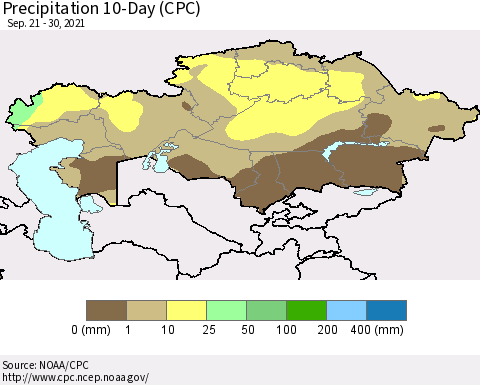 Kazakhstan Precipitation 10-Day (CPC) Thematic Map For 9/21/2021 - 9/30/2021