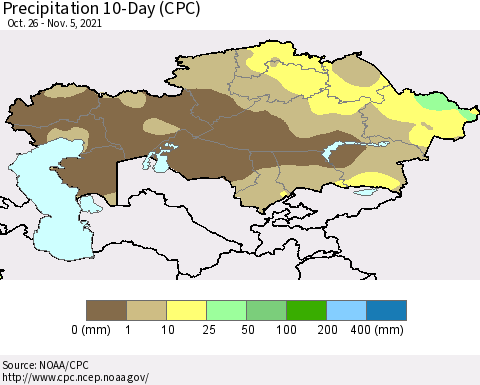 Kazakhstan Precipitation 10-Day (CPC) Thematic Map For 10/26/2021 - 11/5/2021