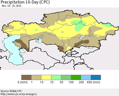 Kazakhstan Precipitation 10-Day (CPC) Thematic Map For 11/16/2021 - 11/25/2021