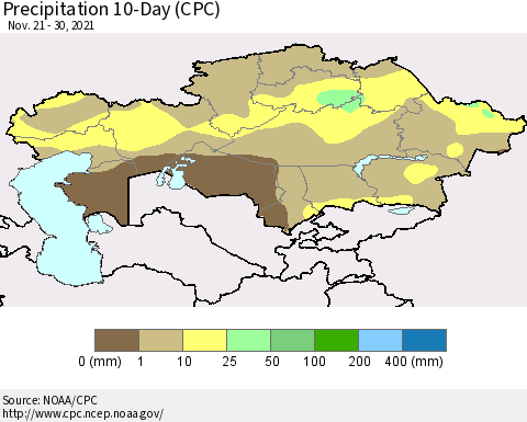 Kazakhstan Precipitation 10-Day (CPC) Thematic Map For 11/21/2021 - 11/30/2021