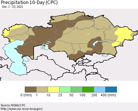 Kazakhstan Precipitation 10-Day (CPC) Thematic Map For 12/1/2021 - 12/10/2021