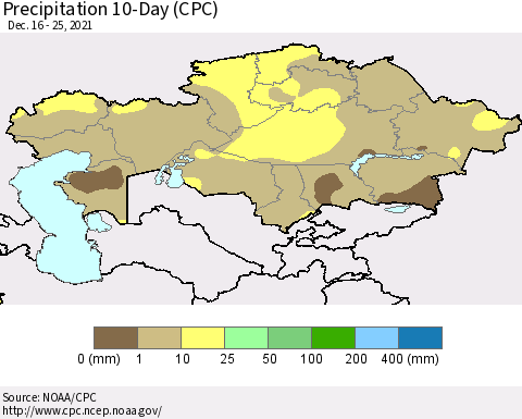 Kazakhstan Precipitation 10-Day (CPC) Thematic Map For 12/16/2021 - 12/25/2021
