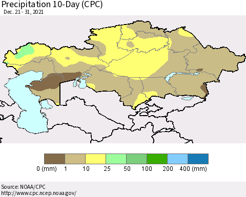 Kazakhstan Precipitation 10-Day (CPC) Thematic Map For 12/21/2021 - 12/31/2021
