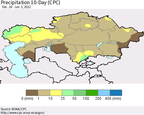 Kazakhstan Precipitation 10-Day (CPC) Thematic Map For 12/26/2021 - 1/5/2022