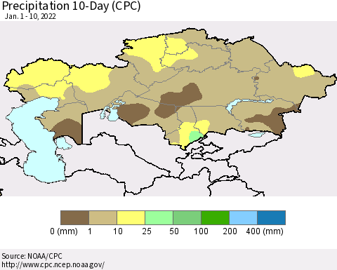 Kazakhstan Precipitation 10-Day (CPC) Thematic Map For 1/1/2022 - 1/10/2022