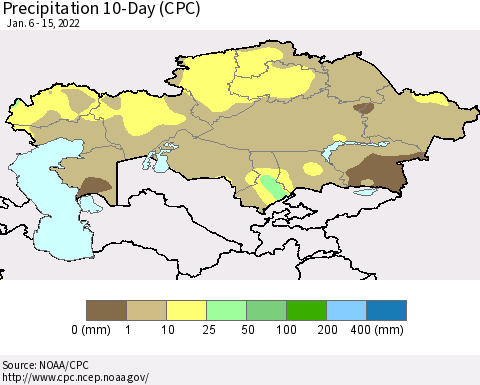 Kazakhstan Precipitation 10-Day (CPC) Thematic Map For 1/6/2022 - 1/15/2022