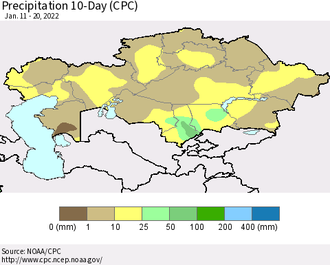 Kazakhstan Precipitation 10-Day (CPC) Thematic Map For 1/11/2022 - 1/20/2022