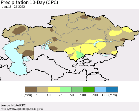 Kazakhstan Precipitation 10-Day (CPC) Thematic Map For 1/16/2022 - 1/25/2022