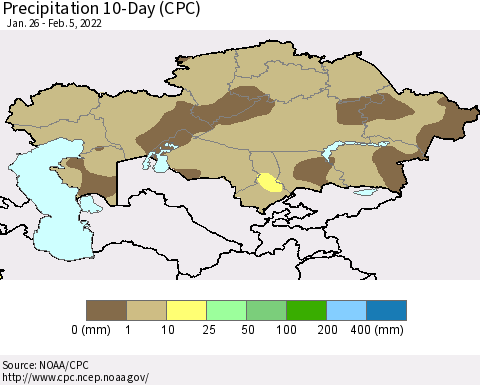 Kazakhstan Precipitation 10-Day (CPC) Thematic Map For 1/26/2022 - 2/5/2022