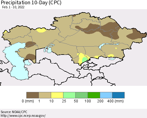 Kazakhstan Precipitation 10-Day (CPC) Thematic Map For 2/1/2022 - 2/10/2022