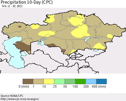 Kazakhstan Precipitation 10-Day (CPC) Thematic Map For 2/11/2022 - 2/20/2022