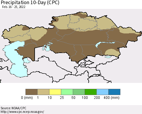 Kazakhstan Precipitation 10-Day (CPC) Thematic Map For 2/16/2022 - 2/25/2022