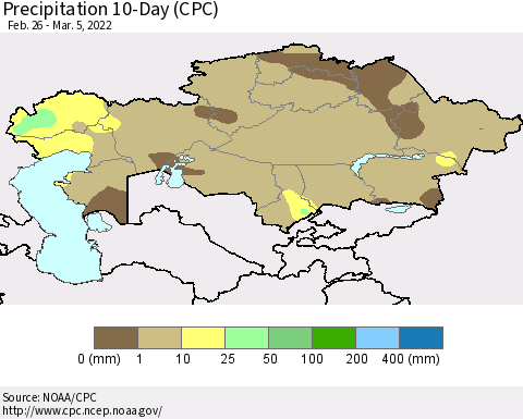Kazakhstan Precipitation 10-Day (CPC) Thematic Map For 2/26/2022 - 3/5/2022