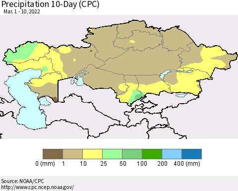 Kazakhstan Precipitation 10-Day (CPC) Thematic Map For 3/1/2022 - 3/10/2022