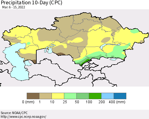 Kazakhstan Precipitation 10-Day (CPC) Thematic Map For 3/6/2022 - 3/15/2022