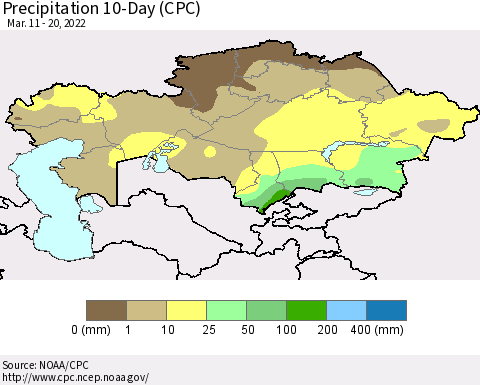Kazakhstan Precipitation 10-Day (CPC) Thematic Map For 3/11/2022 - 3/20/2022