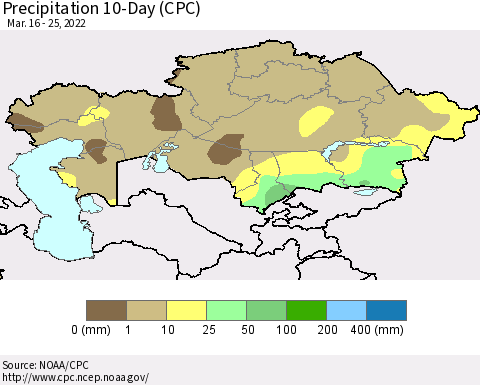 Kazakhstan Precipitation 10-Day (CPC) Thematic Map For 3/16/2022 - 3/25/2022