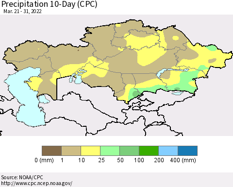 Kazakhstan Precipitation 10-Day (CPC) Thematic Map For 3/21/2022 - 3/31/2022
