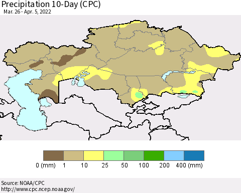 Kazakhstan Precipitation 10-Day (CPC) Thematic Map For 3/26/2022 - 4/5/2022