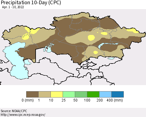 Kazakhstan Precipitation 10-Day (CPC) Thematic Map For 4/1/2022 - 4/10/2022
