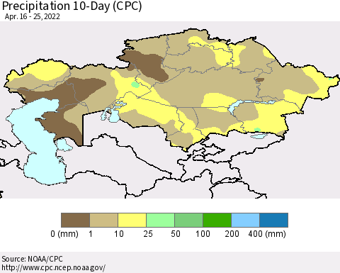 Kazakhstan Precipitation 10-Day (CPC) Thematic Map For 4/16/2022 - 4/25/2022