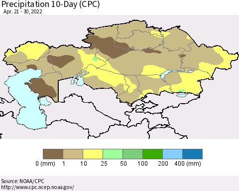 Kazakhstan Precipitation 10-Day (CPC) Thematic Map For 4/21/2022 - 4/30/2022
