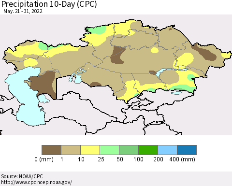 Kazakhstan Precipitation 10-Day (CPC) Thematic Map For 5/21/2022 - 5/31/2022