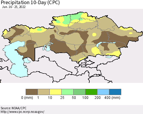 Kazakhstan Precipitation 10-Day (CPC) Thematic Map For 6/16/2022 - 6/25/2022
