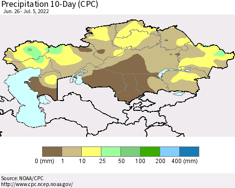 Kazakhstan Precipitation 10-Day (CPC) Thematic Map For 6/26/2022 - 7/5/2022