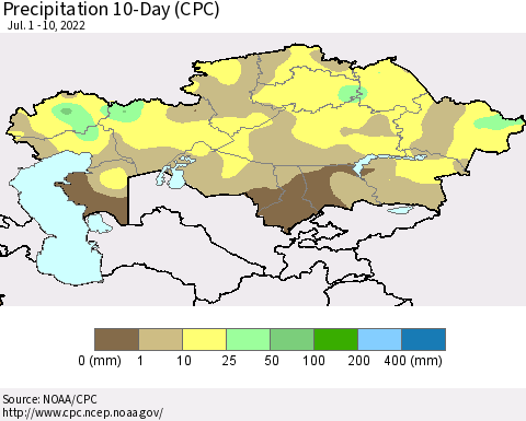 Kazakhstan Precipitation 10-Day (CPC) Thematic Map For 7/1/2022 - 7/10/2022