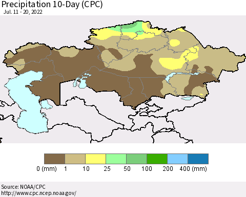 Kazakhstan Precipitation 10-Day (CPC) Thematic Map For 7/11/2022 - 7/20/2022