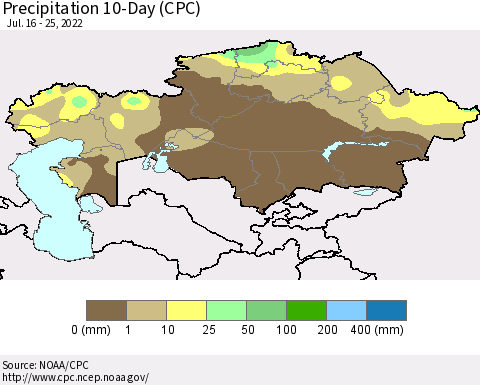 Kazakhstan Precipitation 10-Day (CPC) Thematic Map For 7/16/2022 - 7/25/2022