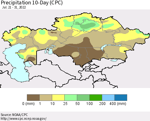 Kazakhstan Precipitation 10-Day (CPC) Thematic Map For 7/21/2022 - 7/31/2022
