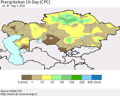 Kazakhstan Precipitation 10-Day (CPC) Thematic Map For 7/26/2022 - 8/5/2022
