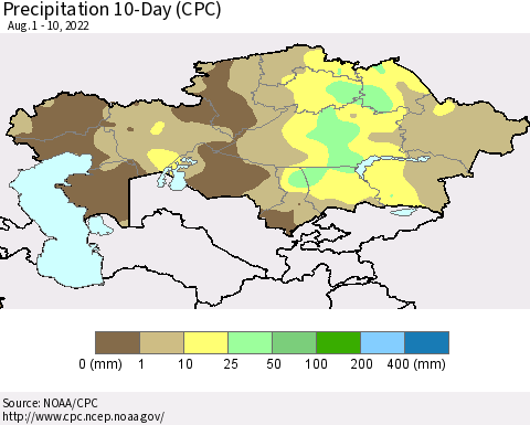 Kazakhstan Precipitation 10-Day (CPC) Thematic Map For 8/1/2022 - 8/10/2022