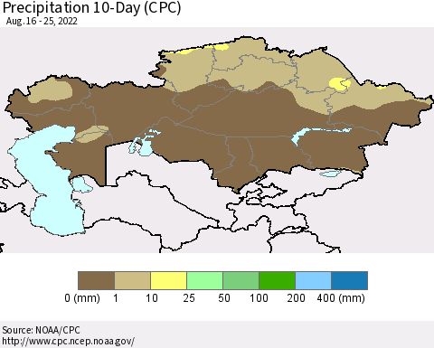 Kazakhstan Precipitation 10-Day (CPC) Thematic Map For 8/16/2022 - 8/25/2022